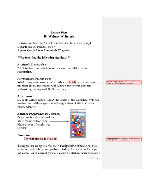 Subtracting Whole Numbers Lesson Plan