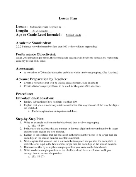 Subtracting with Regrouping Lesson Plan