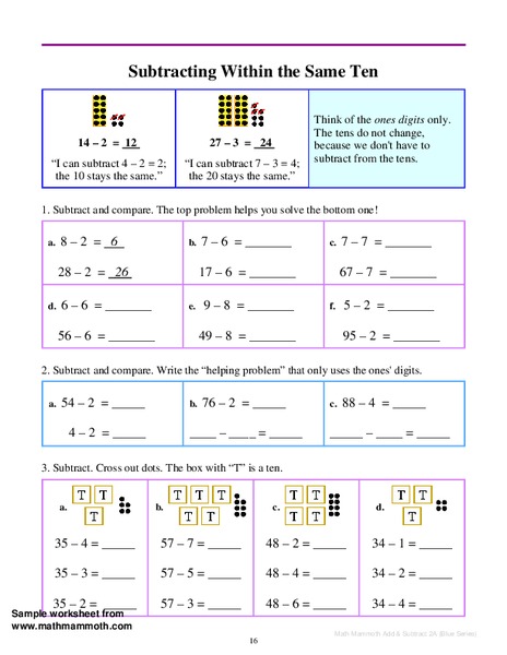 Subtracting Within the Same Ten Worksheet
