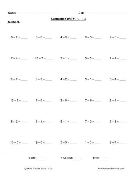 Subtraction Drill 0-10 Lesson Plan