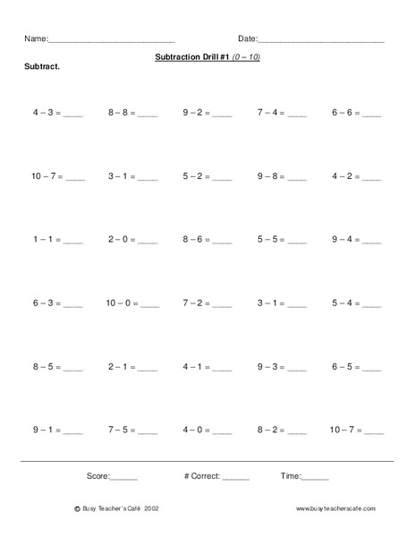 Subtraction Drill 0-10 Lesson Plan