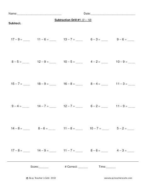 Subtraction Drill 0-18 Lesson Plan