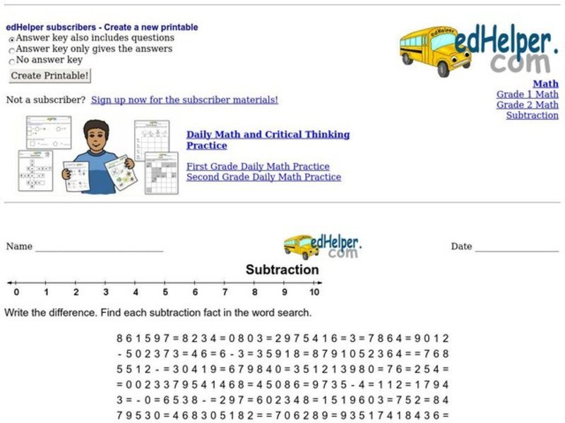 Subtraction Fact Word Search 7 Worksheet