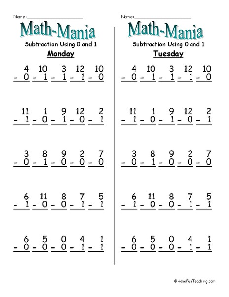 Subtraction Facts Worksheet