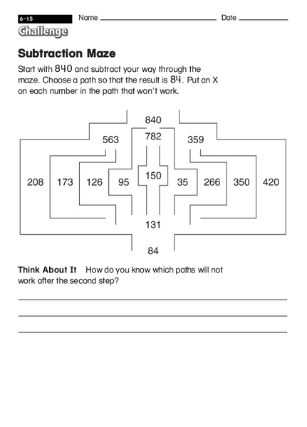 Subtraction Maze Worksheet