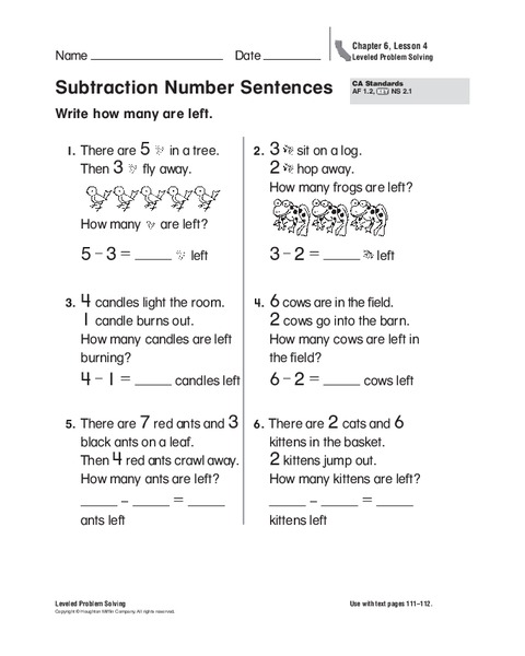 Subtraction Number Sentences Worksheet