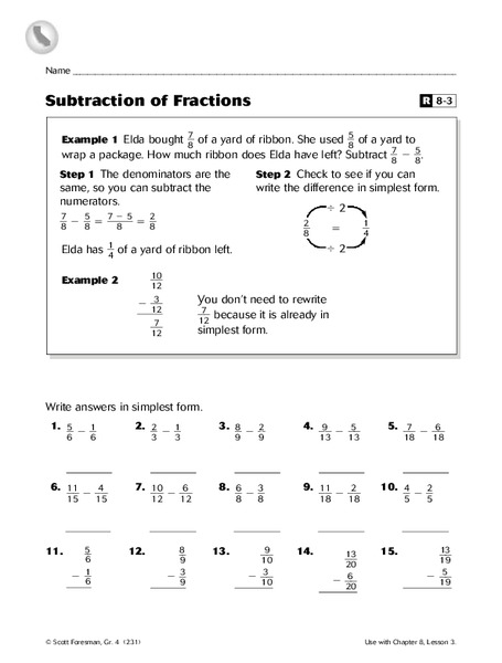 Subtraction of Fractions Worksheet