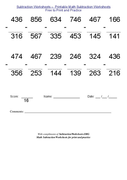 Subtraction Math Problems Worksheet