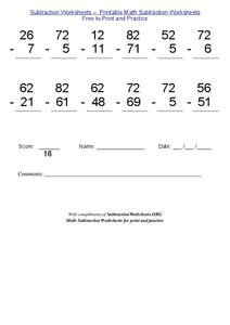 Subtraction Math Problems Worksheet
