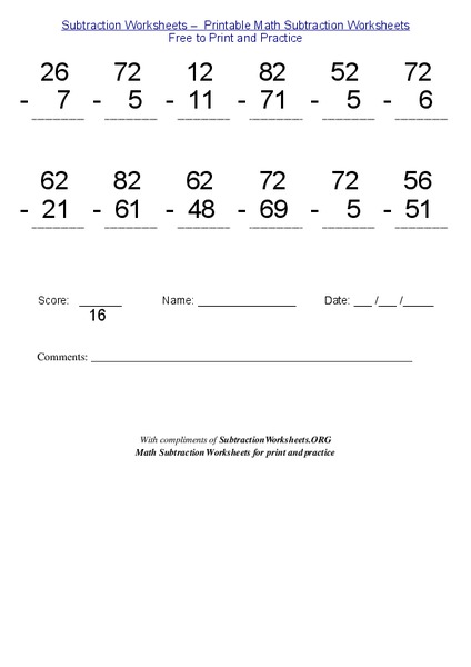 Subtraction Math Problems Worksheet