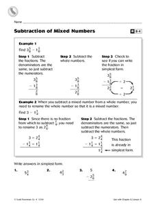 Subtraction of Mixed Numbers Worksheet