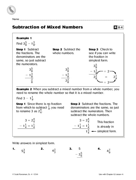 Subtraction of Mixed Numbers Worksheet