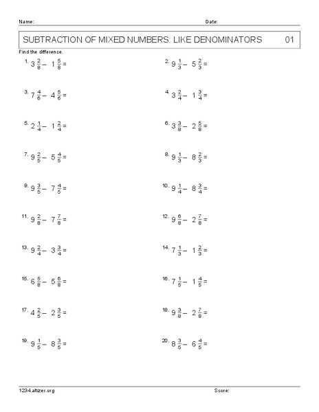 Subtraction of Mixed Numbers: Like Denominators Worksheet