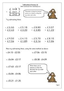 Subtraction of Money Worksheet