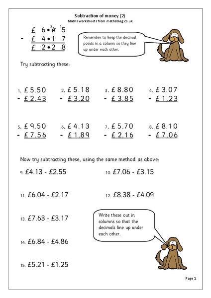 Subtraction of Money Worksheet