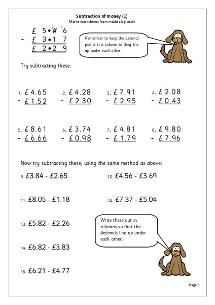 Subtraction of Money Worksheet