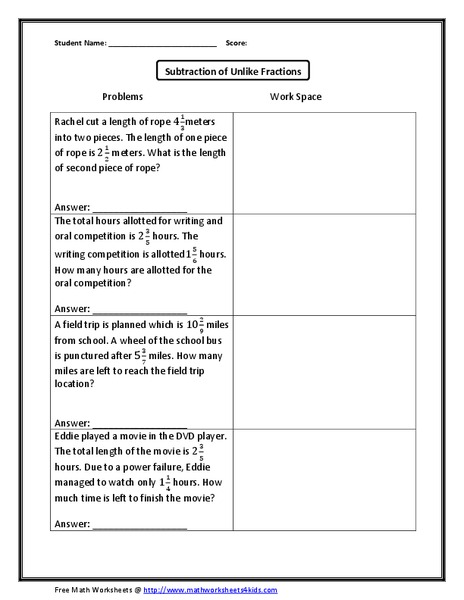 Subtraction of Unlike Fractions Worksheet