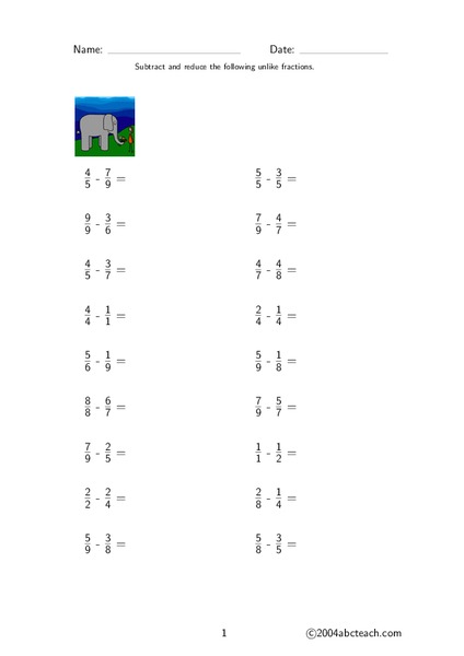 Subtraction of Unlike Fractions Worksheet