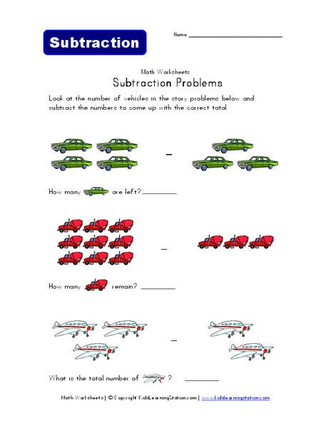 Subtraction Problems Worksheet