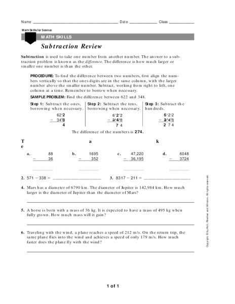 Subtraction Review Worksheet
