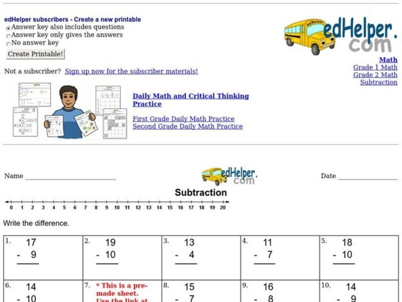 Subtraction Review Worksheet