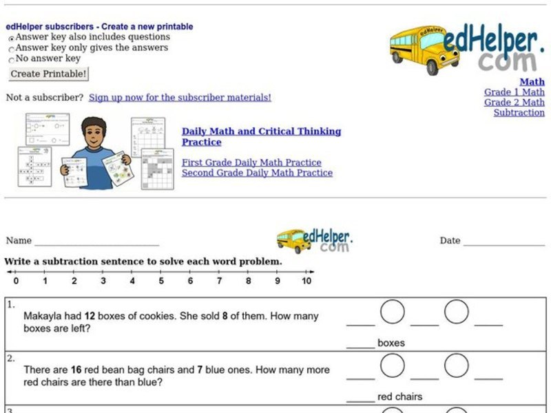 Subtraction Sentences Worksheet