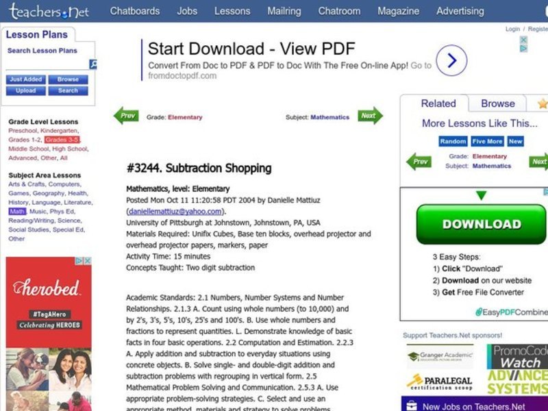 Subtraction Shopping Lesson Plan