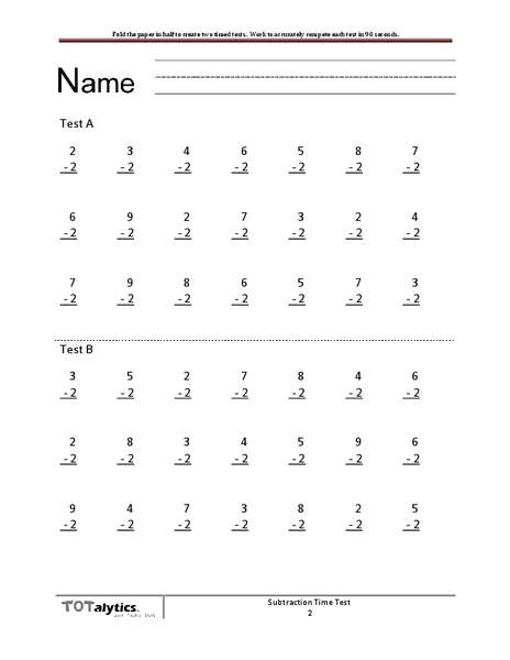 Subtraction Timed Test Worksheet