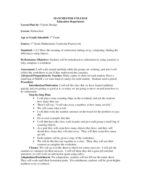 Subtraction with Counters Lesson Plan