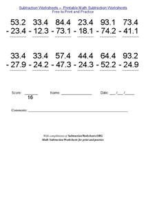 Subtraction with Decimals Worksheet