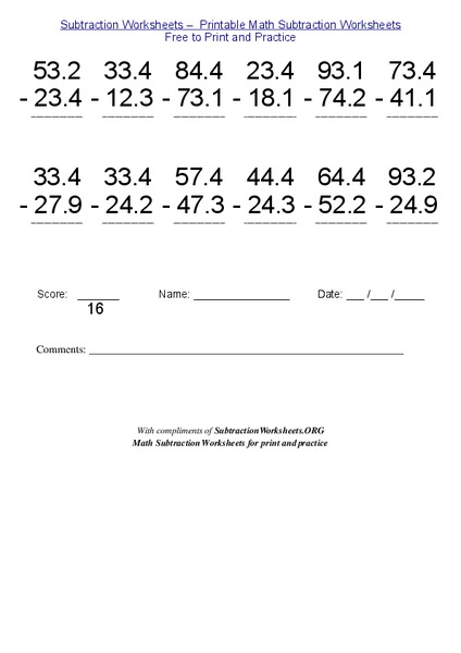 Subtraction with Decimals Worksheet