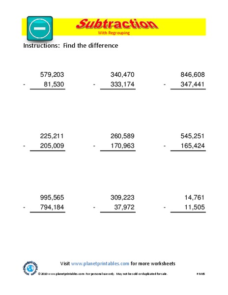 Subtraction with Regrouping Worksheet