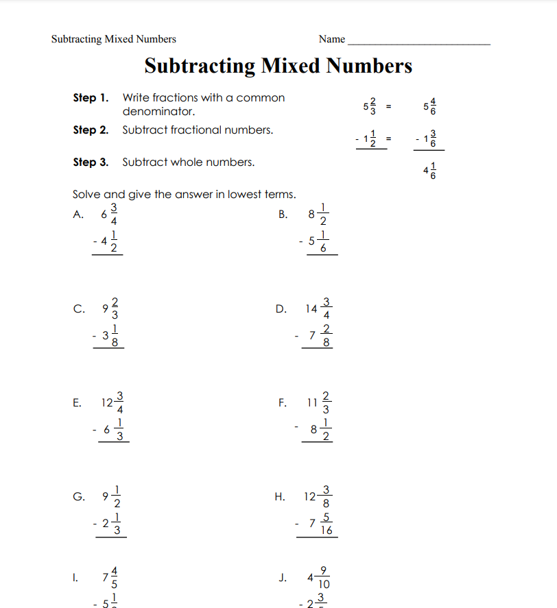 Subtracting Mixed Numbers Lesson Plan