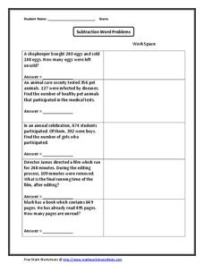 Subtraction Word Problems Worksheet
