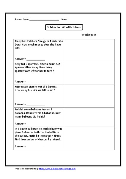 Subtraction Word Problems Worksheet