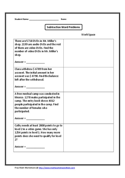 Subtraction Word Problems Worksheet