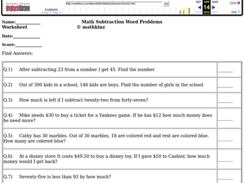 Subtraction Word Problems Worksheet