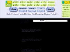 Subtraction Word Problems-Unused Facts #12 Worksheet