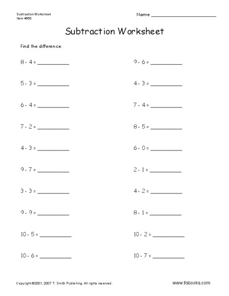 Subtraction Worksheet Worksheet