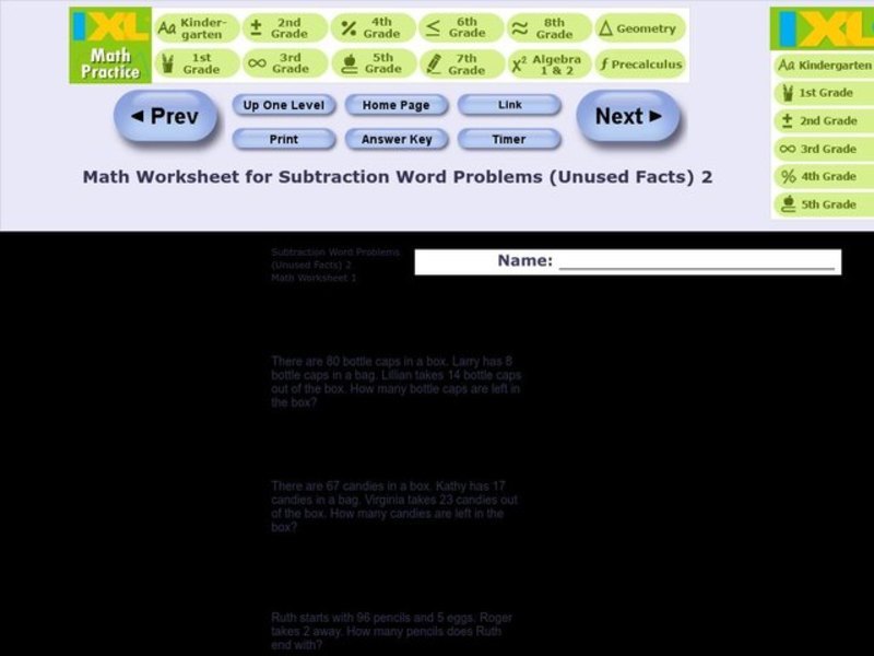 Subtraction Word Problems-Unused Facts #5 Worksheet