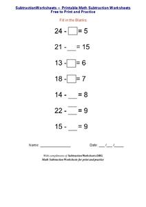 Subtraction-Missing Numbers Worksheet