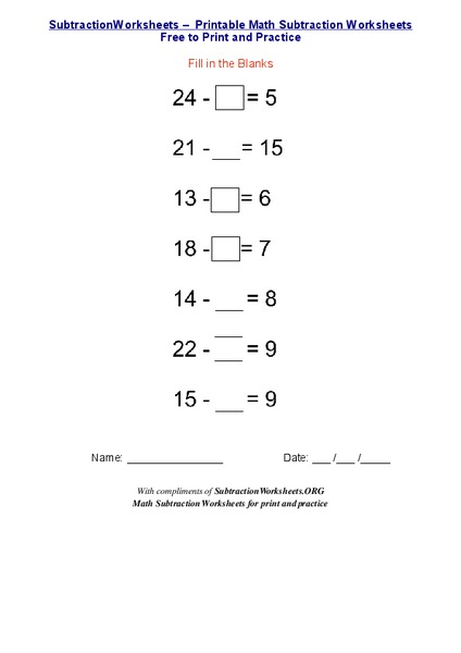Subtraction-Missing Numbers Worksheet