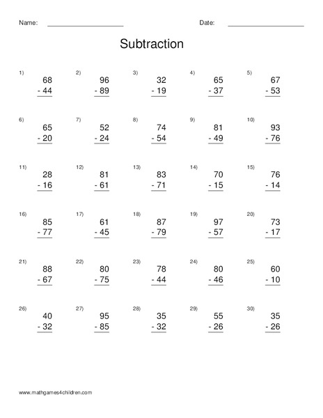 Subtraction: 2 digit numbers Worksheet