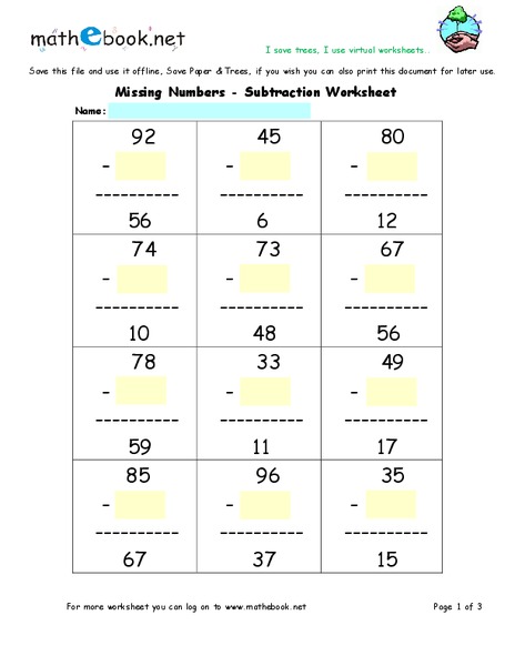 Subtraction: Missing Numbers Worksheet