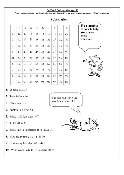 Subtraction: Number Square Worksheet