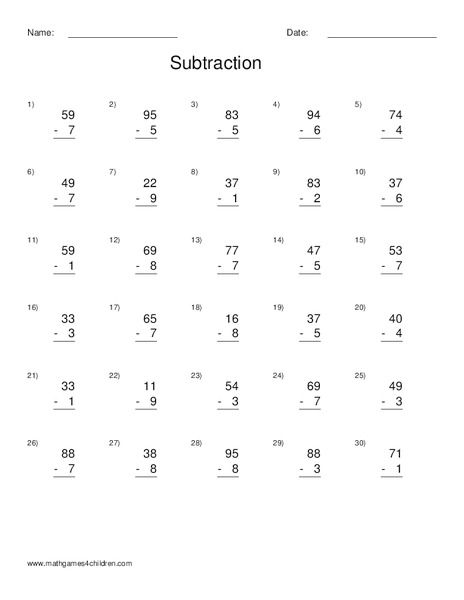 Subtraction: one and two digit numbers Worksheet