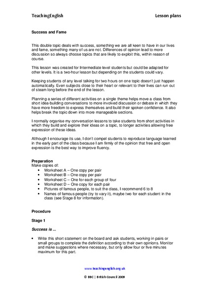 Success and Fame Lesson Plan