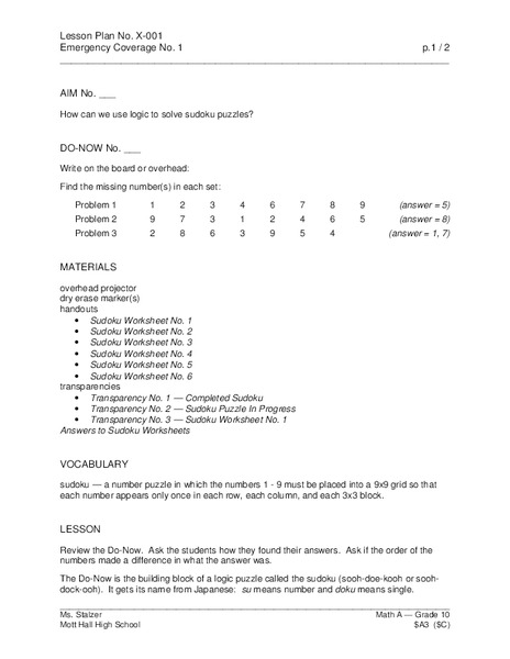 Sudoku Lesson Plan