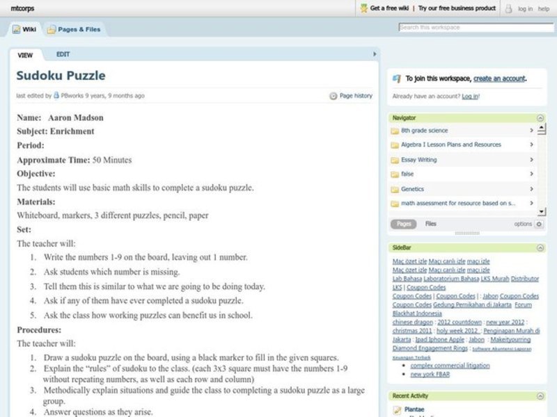 Sudoku Puzzle Lesson Plan