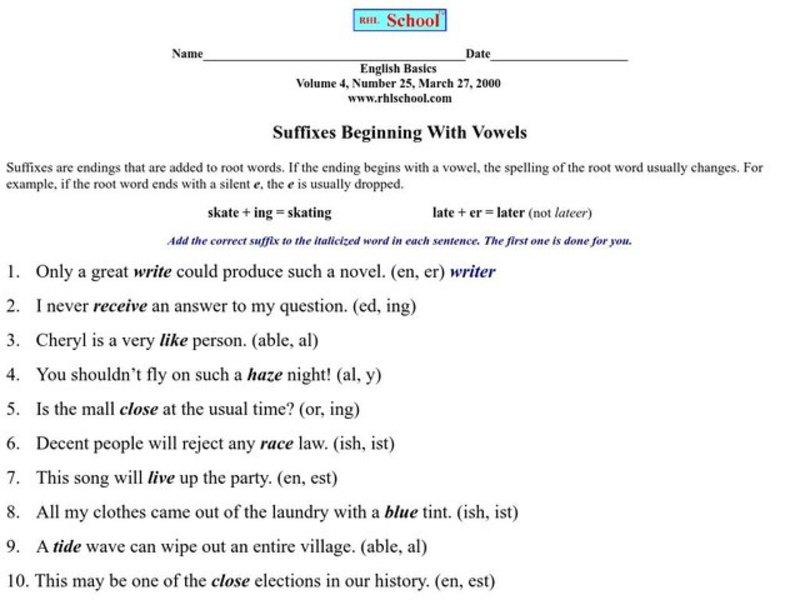 Suffixes Beginning with Vowels Worksheet